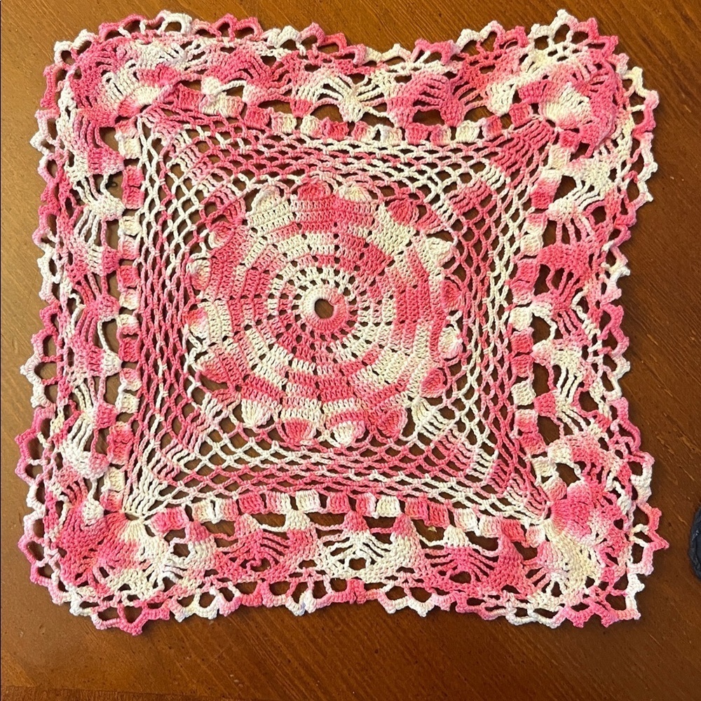 Vintage Hand Crochet Granny Doily Pink & White